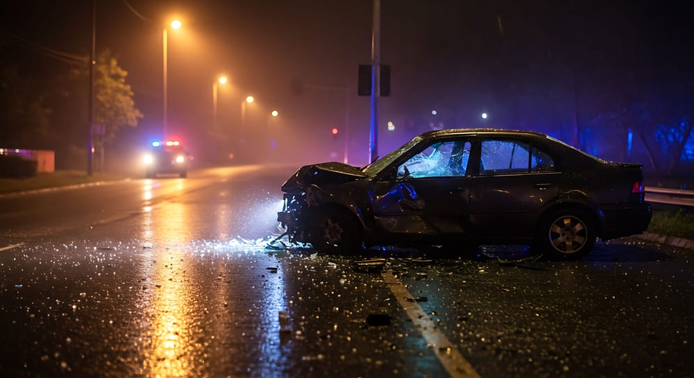 damaged vehicle at scene of car accident at night