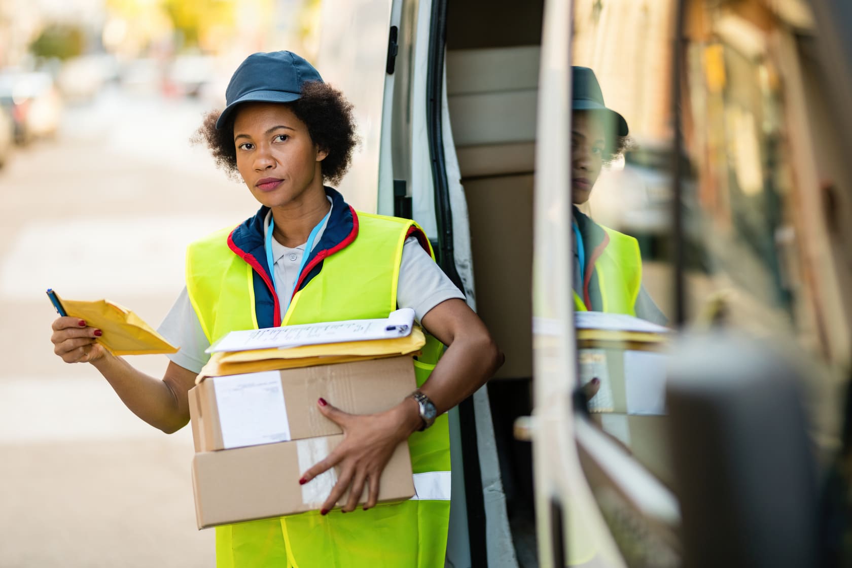 delivery driver holding packages outside vehicle